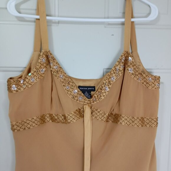 Spenser Jeremy 100% Silk Camisole  XL Gold Sleeveless Top Sequins & Side Zipper - Picture 3 of 9